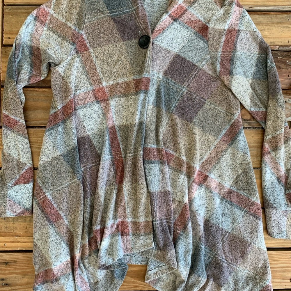 Soft Surroundings Size Small Bonnie Plaid Topper Cardigan Layering Top Brown Red